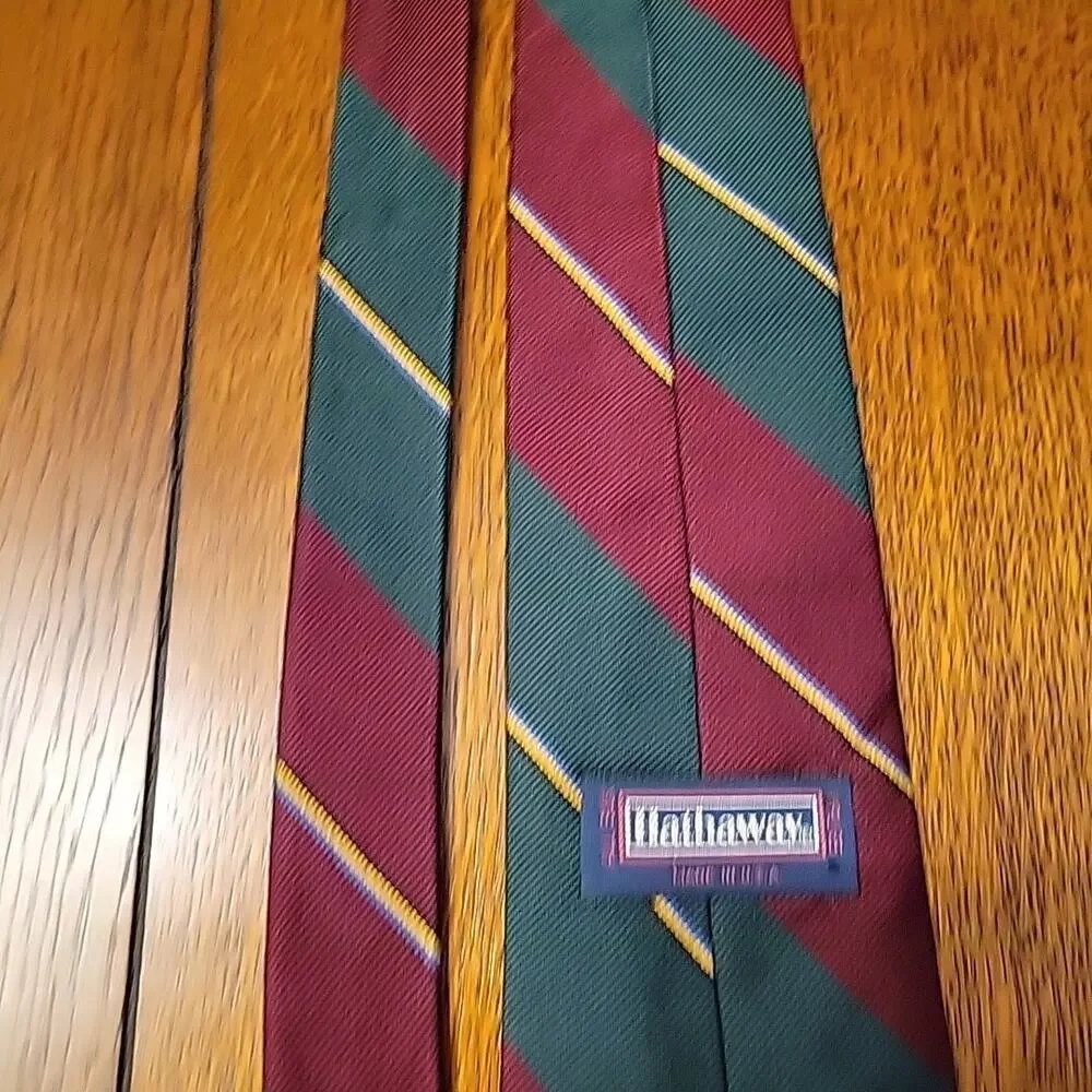 Men's Repp Neck Tie 100% Silk Hathaway Stripe Vtg Dress Formal Green Wine 4